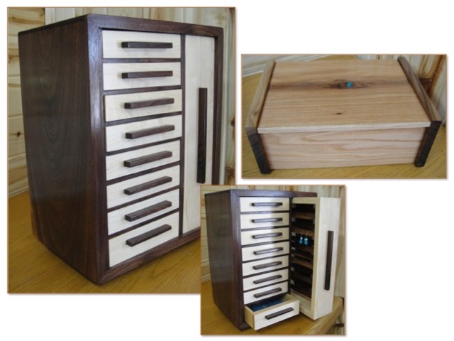 "My large jewelry box with all the drawers is walnut and maple. It is 14” x 10” x 20” high. The smaller one is 14” x 10” x 6” and is made of walnut and oak with crushed turquoise inlay."
