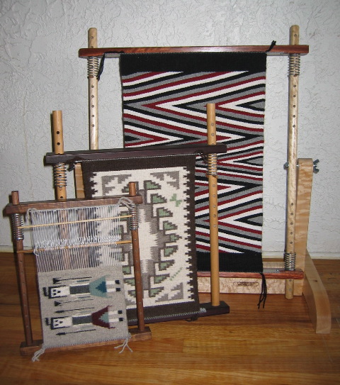Caroline told us, "I designed my looms to make Navajo-style miniature rugs. I have always loved the designs found in Navajo rugs and started weaving them in the 1970’s. Now my looms are used for any tapestry style weavings." The looms come in three sizes. The smallest is 12” x 15". The medium is 17” x 22” and the large is 27” x 30. I’ve made them in a variety of woods. The ones pictured are walnut, African padauk, and bird’s eye maple.